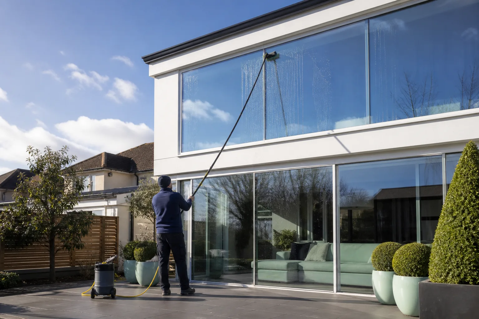 Window cleaner using a ground-based water-fed pole at a modern home